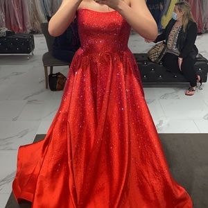 Red Sherri Hill strapless gown